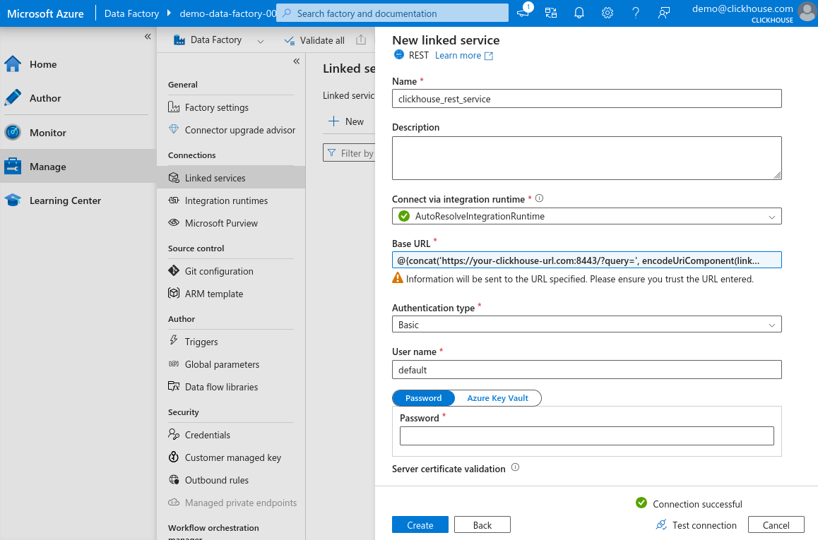 Проверка соединения нового связанного сервиса
