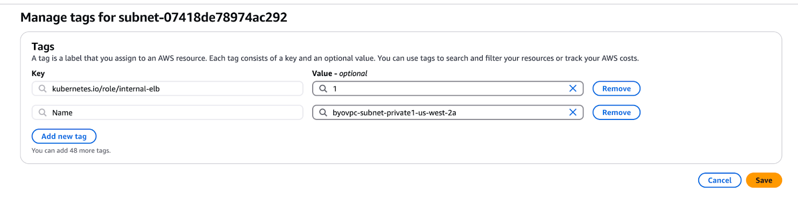 BYOC VPC Subnet Tags