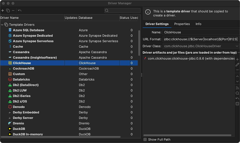 Интерфейс управления драйверами DbVisualizer, показывающий конфигурацию JDBC-драйвера ClickHouse