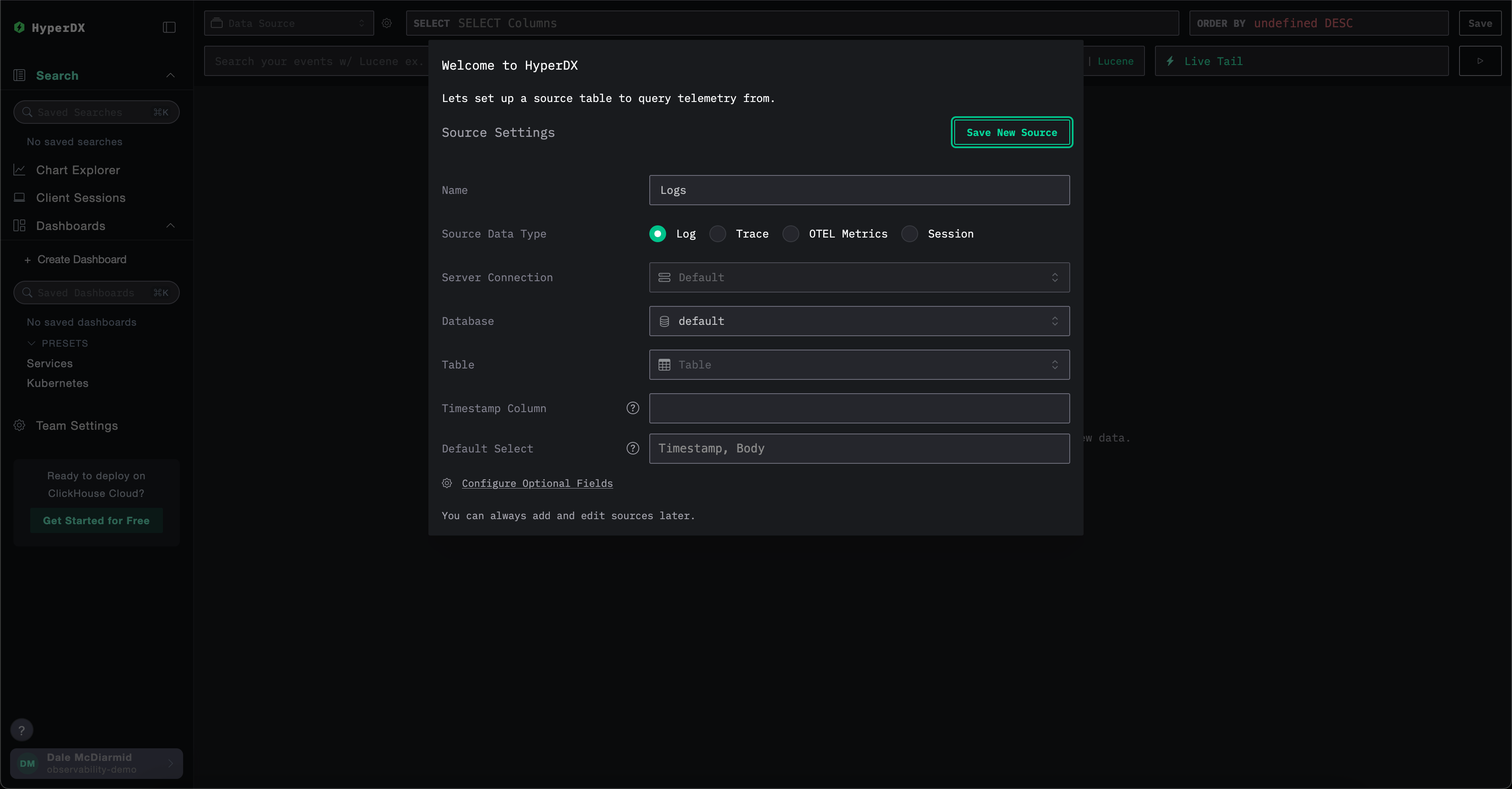 ClickHouse Cloud HyperDX Landing