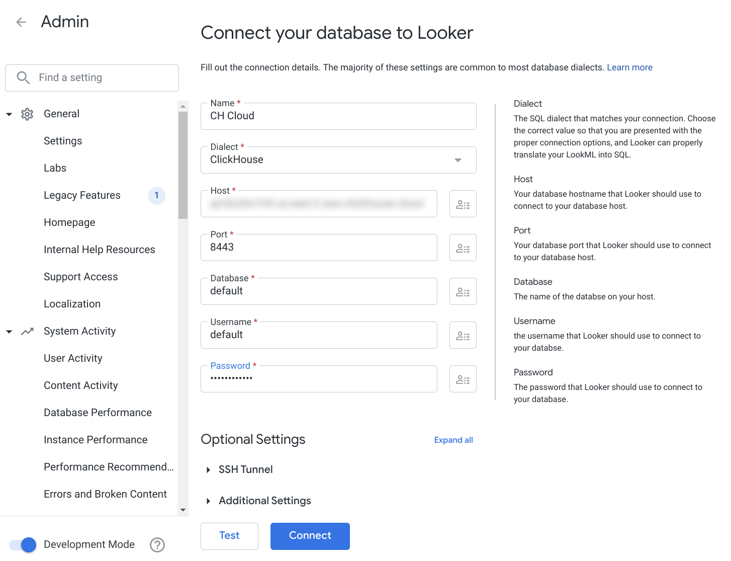 Указание ваших учетных данных ClickHouse в форме соединения Looker