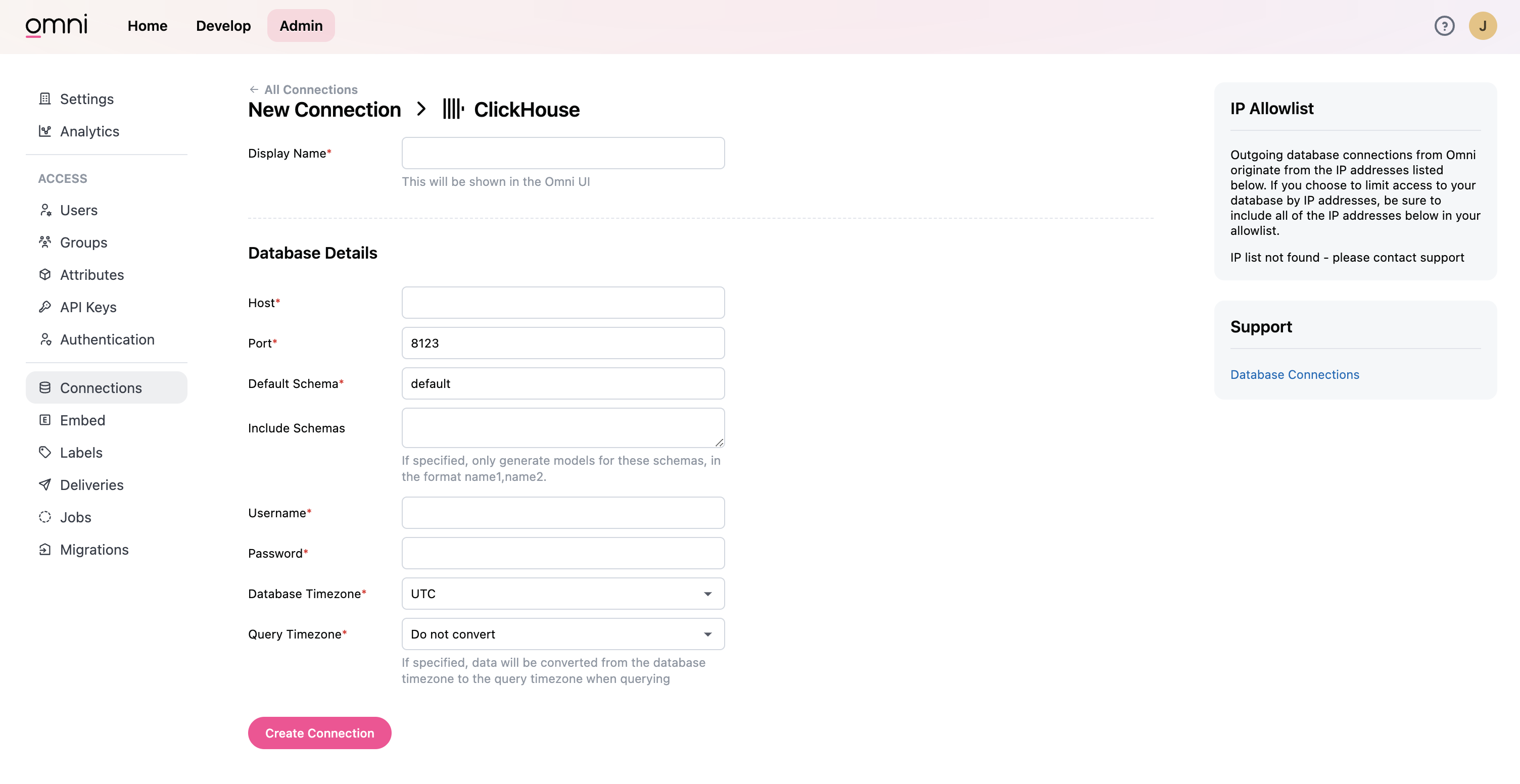 Интерфейс настройки подключения Omni для ClickHouse, показывающий поля формы для ввода учетных данных