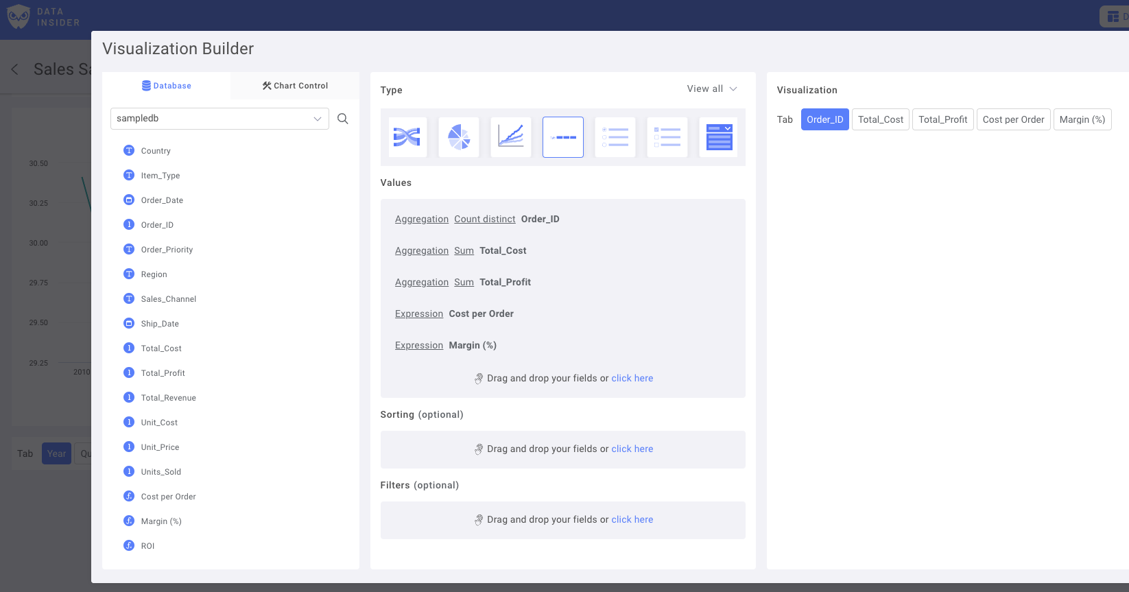 Rocket BI metrics control configuration panel showing selected fields and aggregation settings