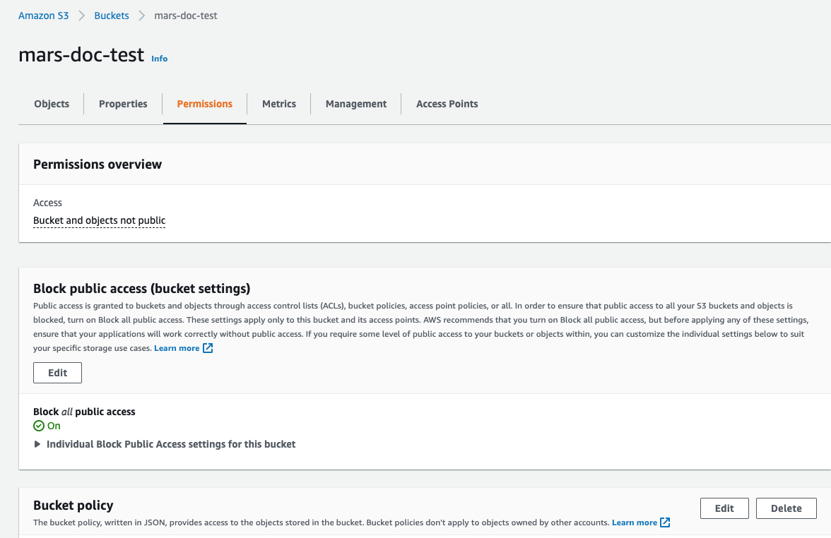 Доступ к настройкам политики корзины S3
