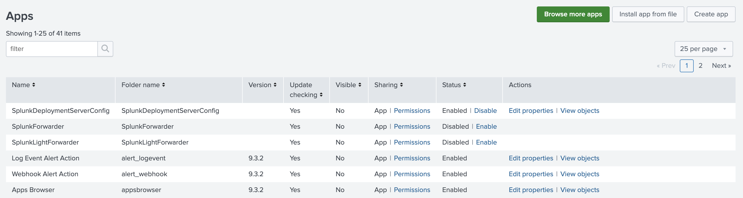 Интерфейс Splunk Enterprise, показывающий страницу управления приложениями с опцией Install app from file