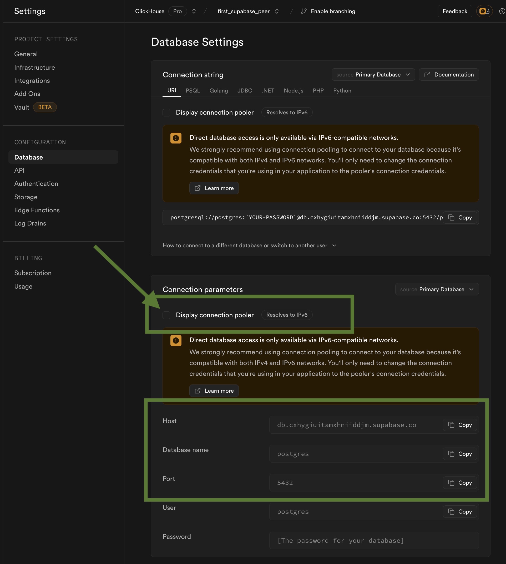 Найдите детали подключения Supabase