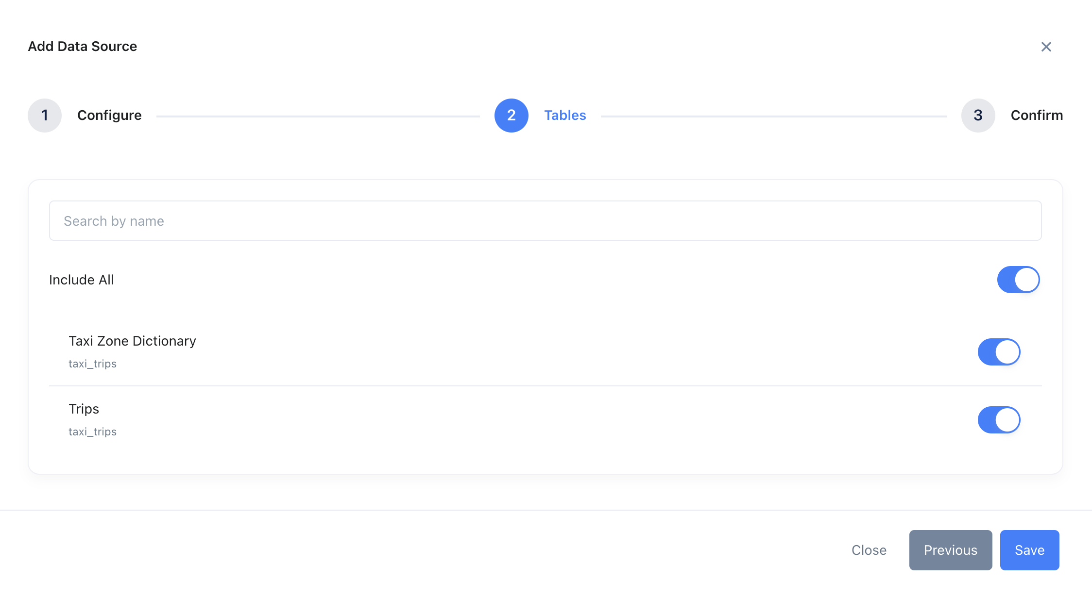 Zing Data table selection interface showing available ClickHouse tables with checkboxes